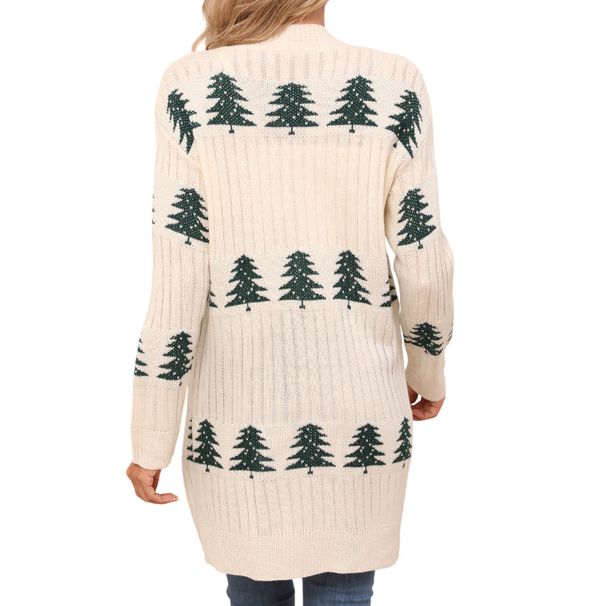 Womens Christmas Tree Pattern Long Cardigan Winter Open Front Knit Sweater